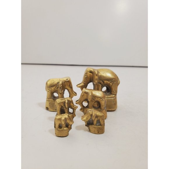 vintage Solid Brass Elephants with Trunk Up heavy family set of six - Picture 9 of 10